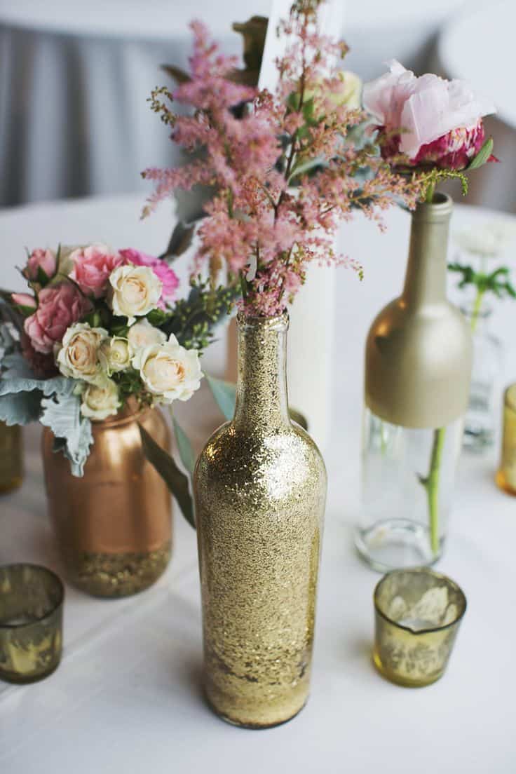 Barn wedding glitter bottle centerpieces diy