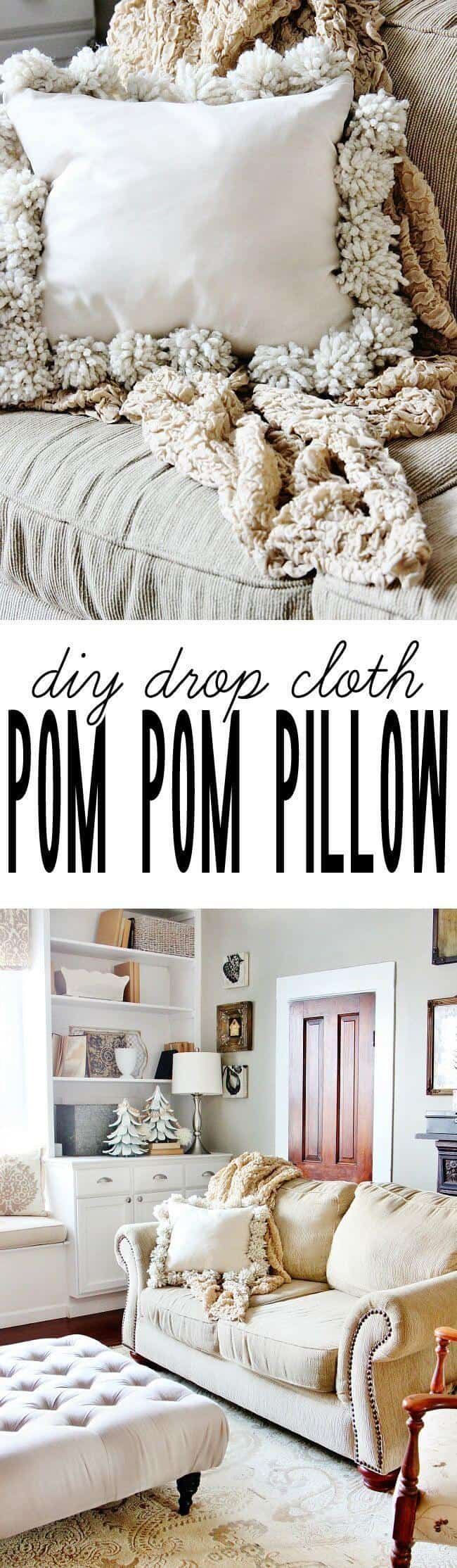 Shabby chic drop cloth pom pom pillow