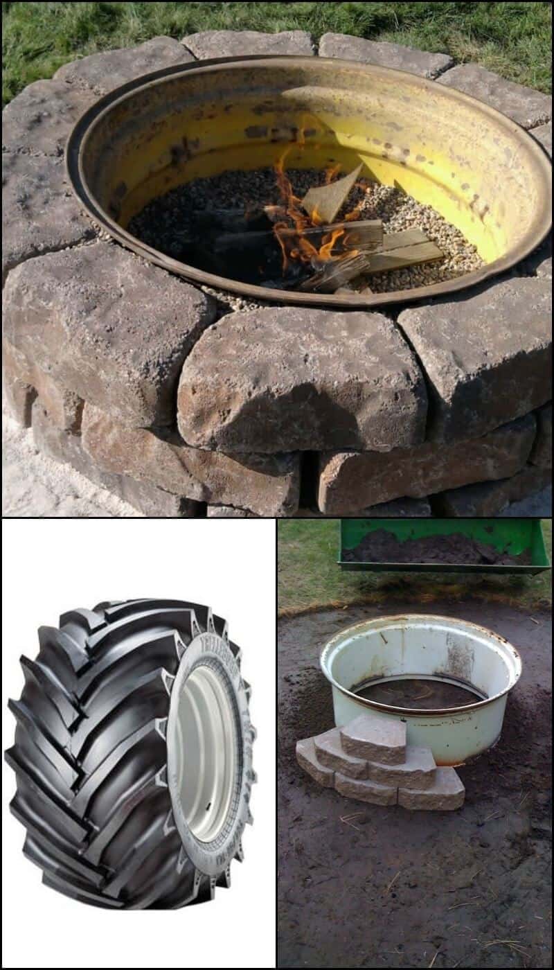 Upcycled truck wheel and block fire pit
