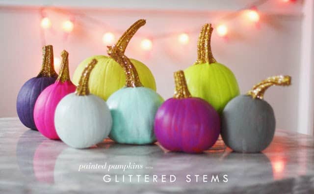 Colourful painted pumpkins with glittered stems