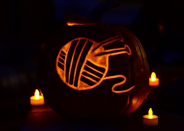 Knitting themed pumpkin carving