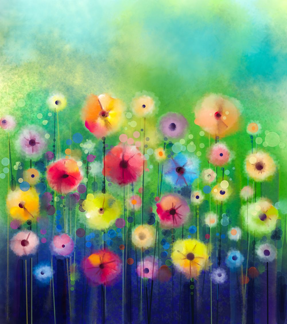 Multicolored flowers on green background - watercolor flower paintings