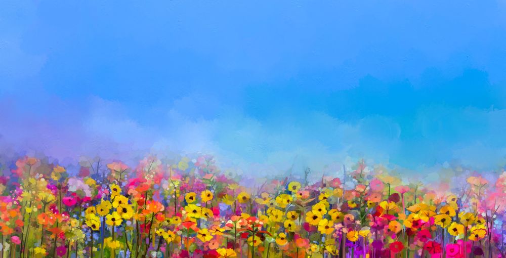 Oil painting of daisy flower field