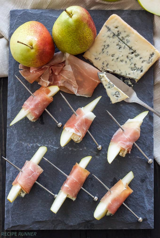 Prosciutto wrapped pears with blue cheese