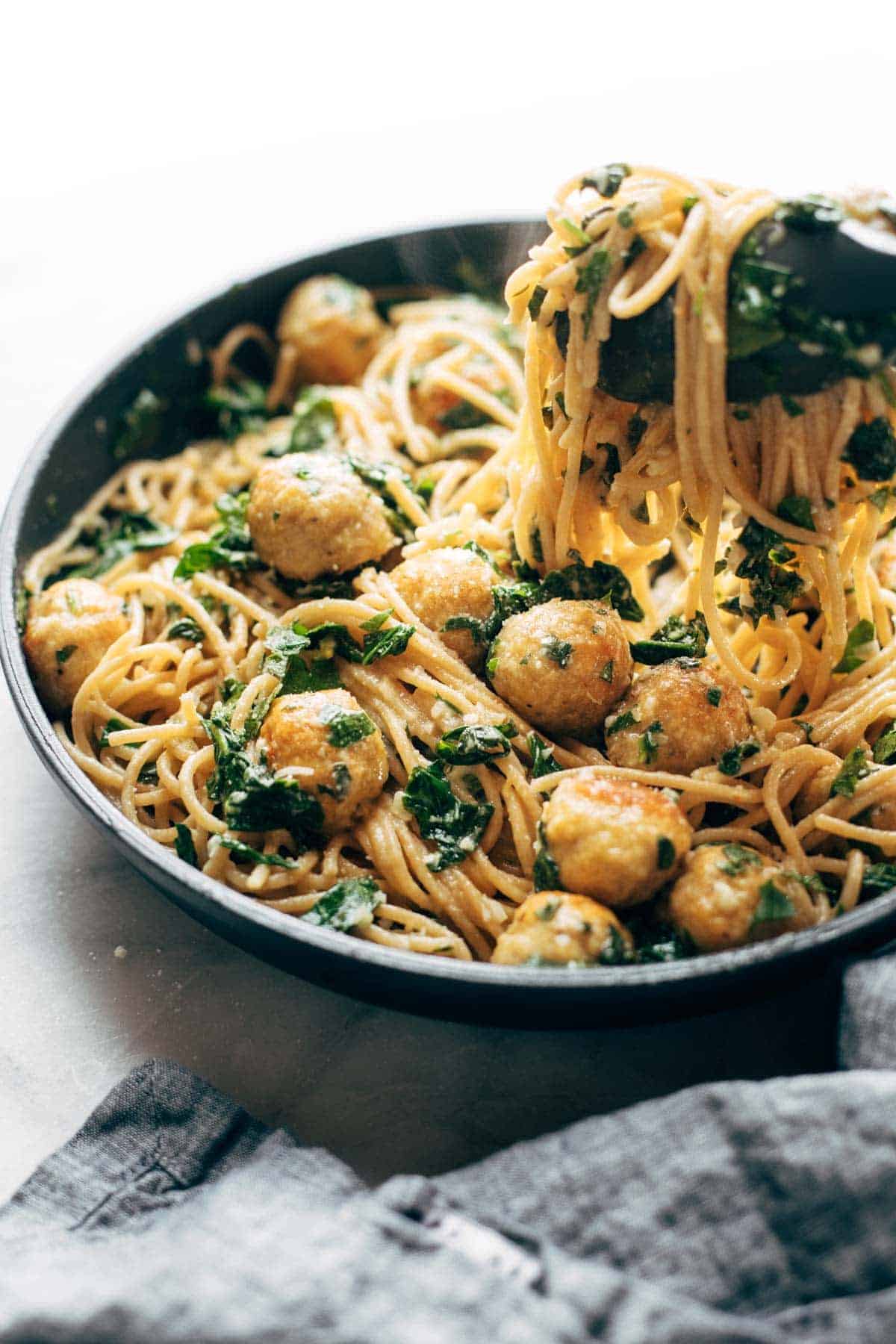 Spaghetti and meatballs with noodle pull