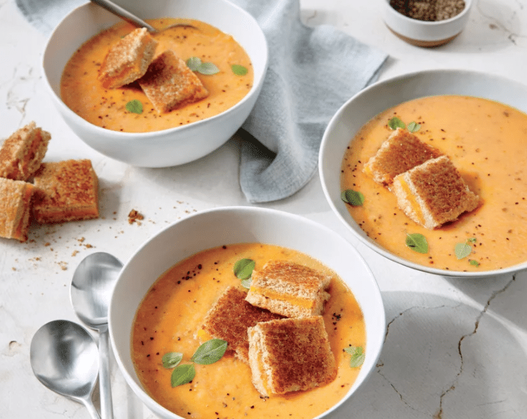 Tomato basil soup with grilled cheese croutons
