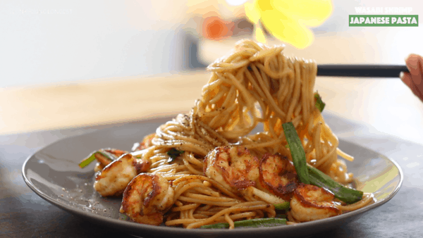 Japanese wasabi and shrimp spaghetti