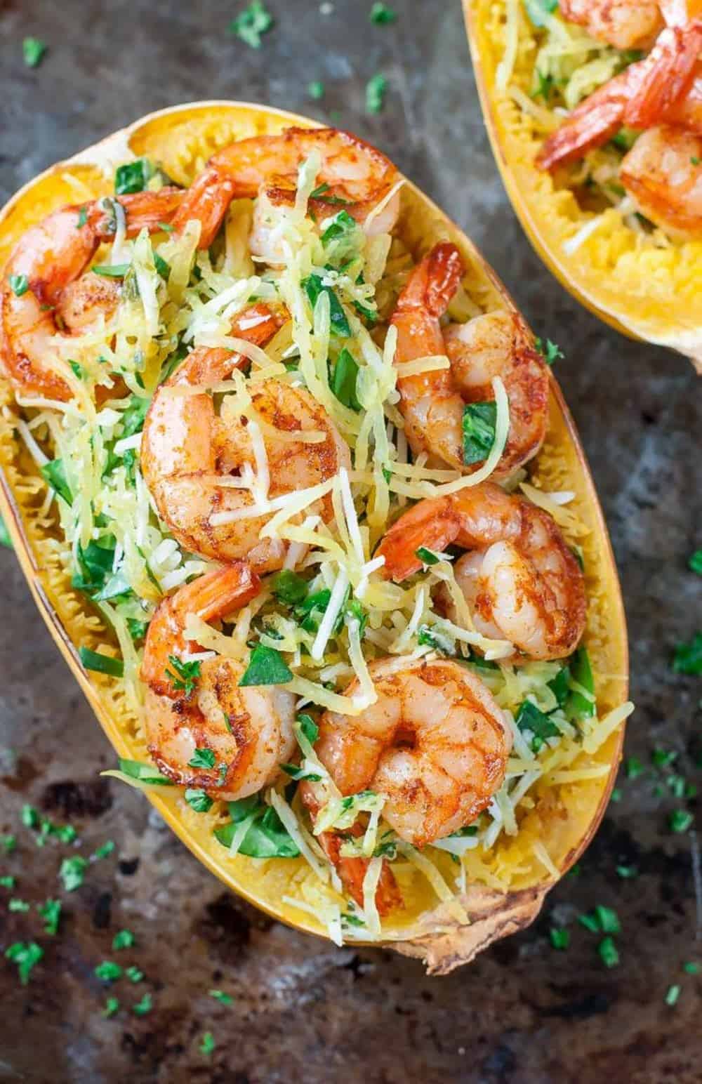 Pesto parmesan spaghetti squash with shrimp recipe