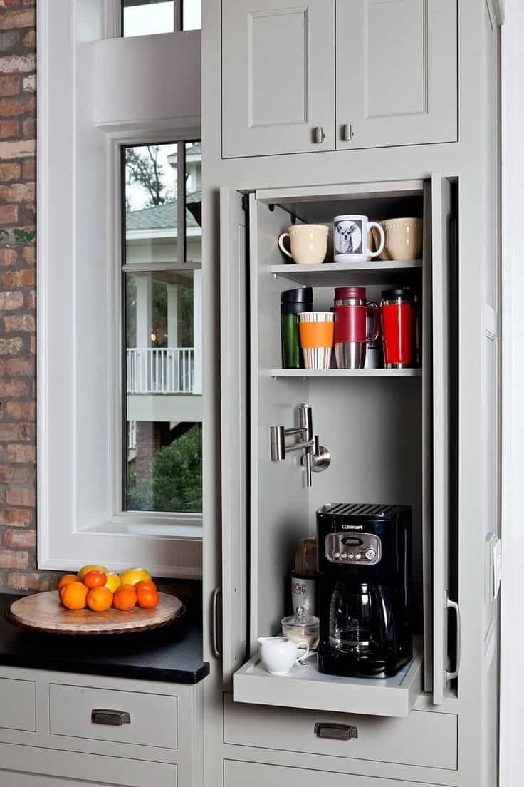 Cabinet area transformed into a tiny coffee station