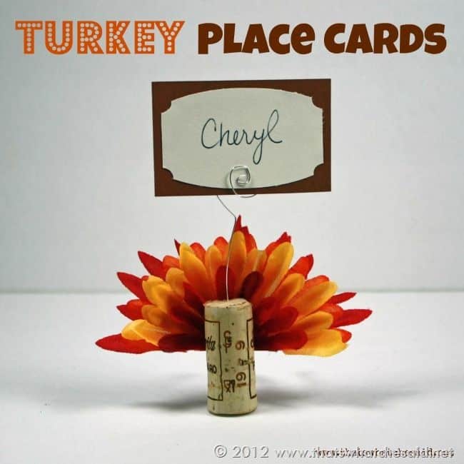 Cork and feather turkey place cards