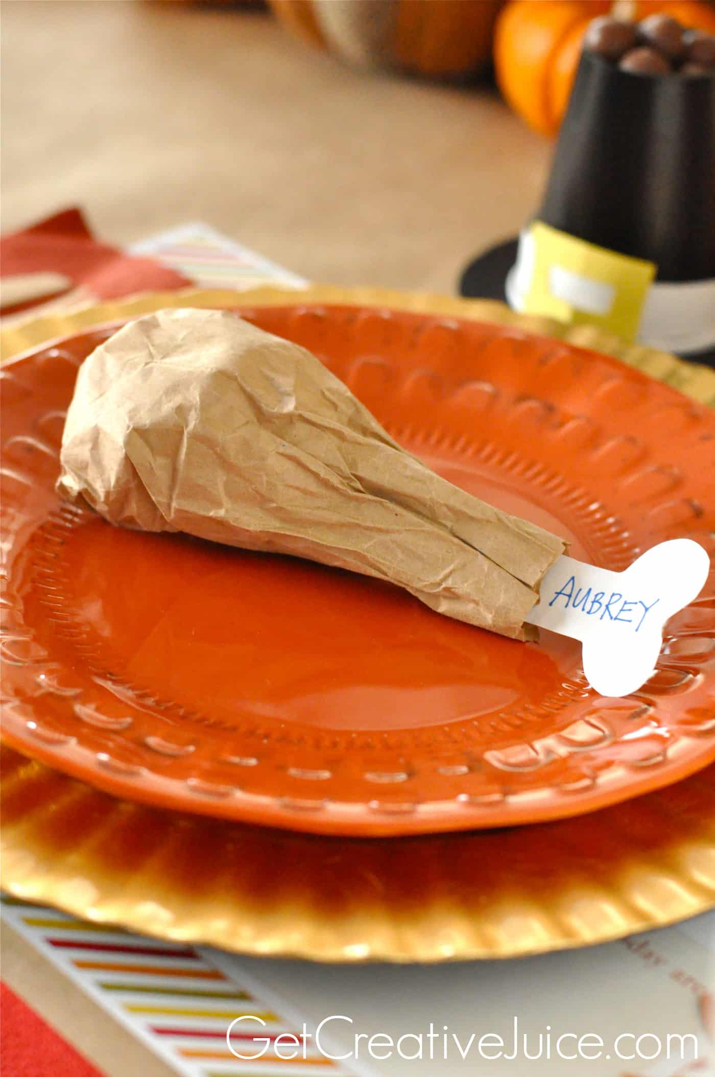Funny, kid friendly brown paper turkey leg place cards