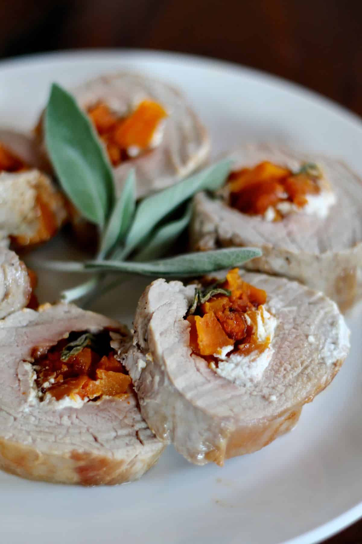 Goat cheese, butternut squash, and sage stuffed pork tenderloin