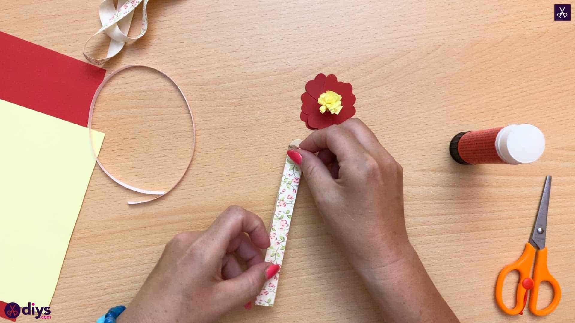 Popsicle stick flower bookmark attach fabric