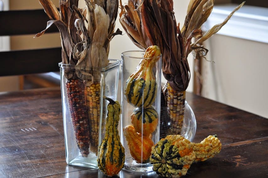 Simple indian corn and gourd glass vases