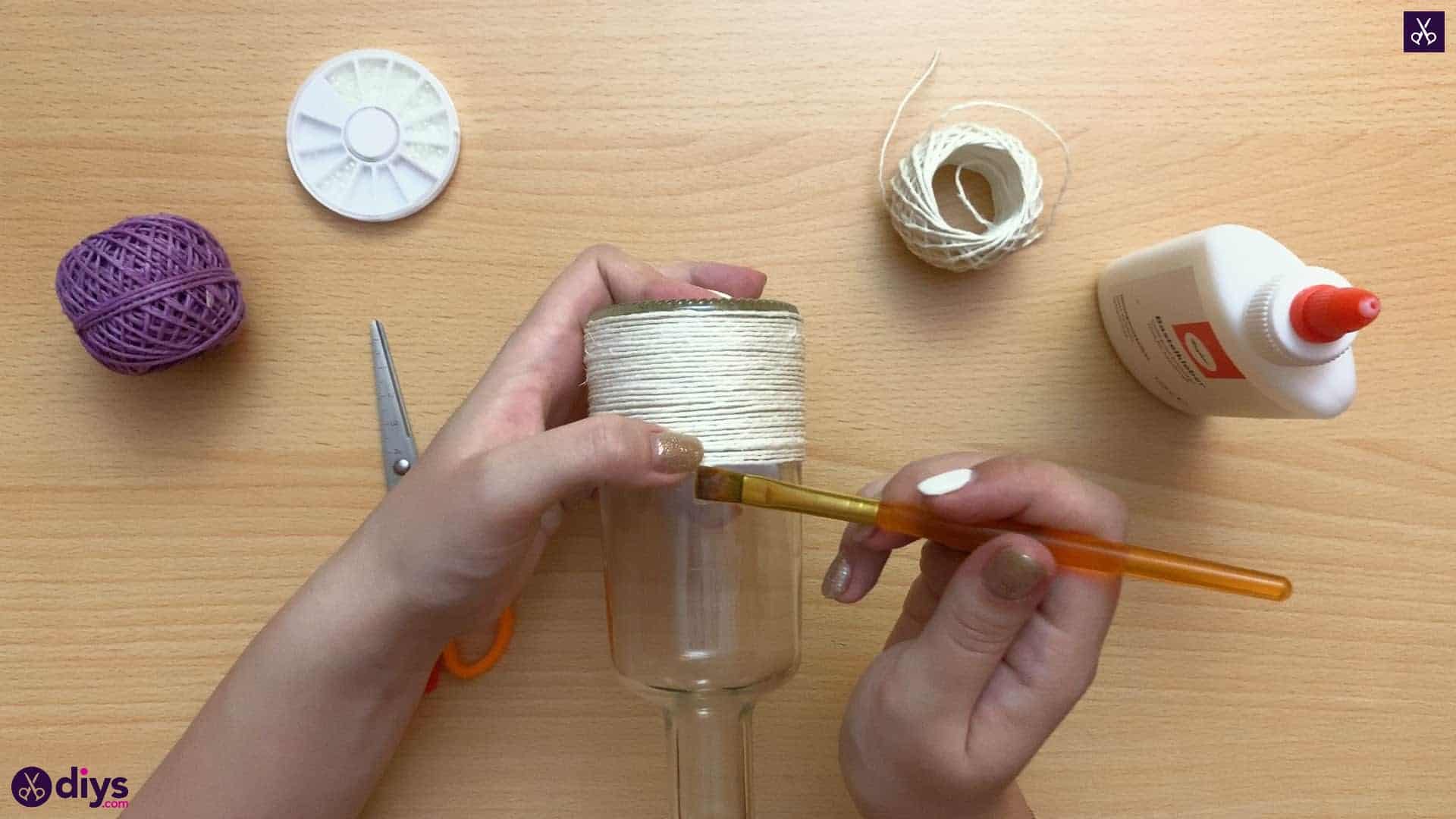 Twine wrapped bottle attach glue