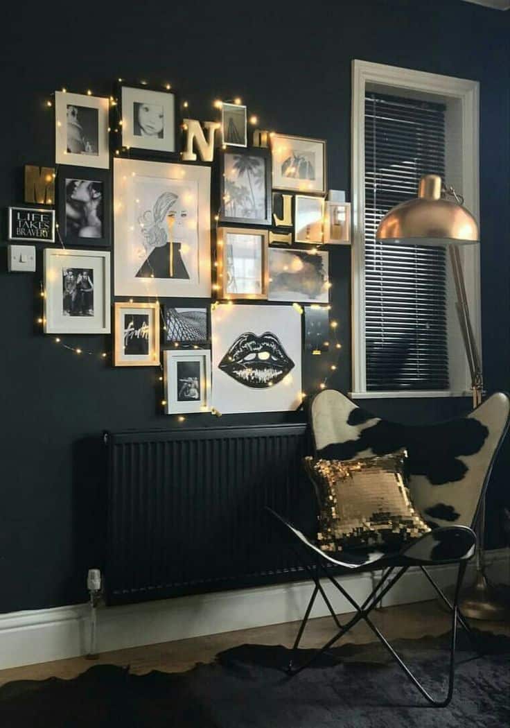 String lights with gallery wall