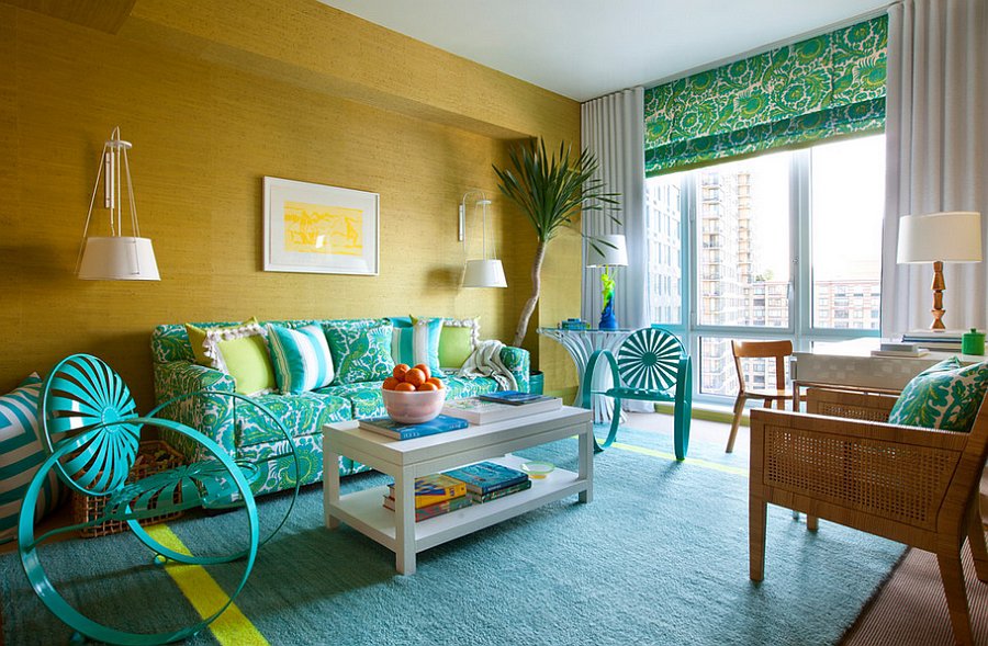 Teal and yellow living room