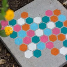 Colourful hexagon stencilled stepping stones