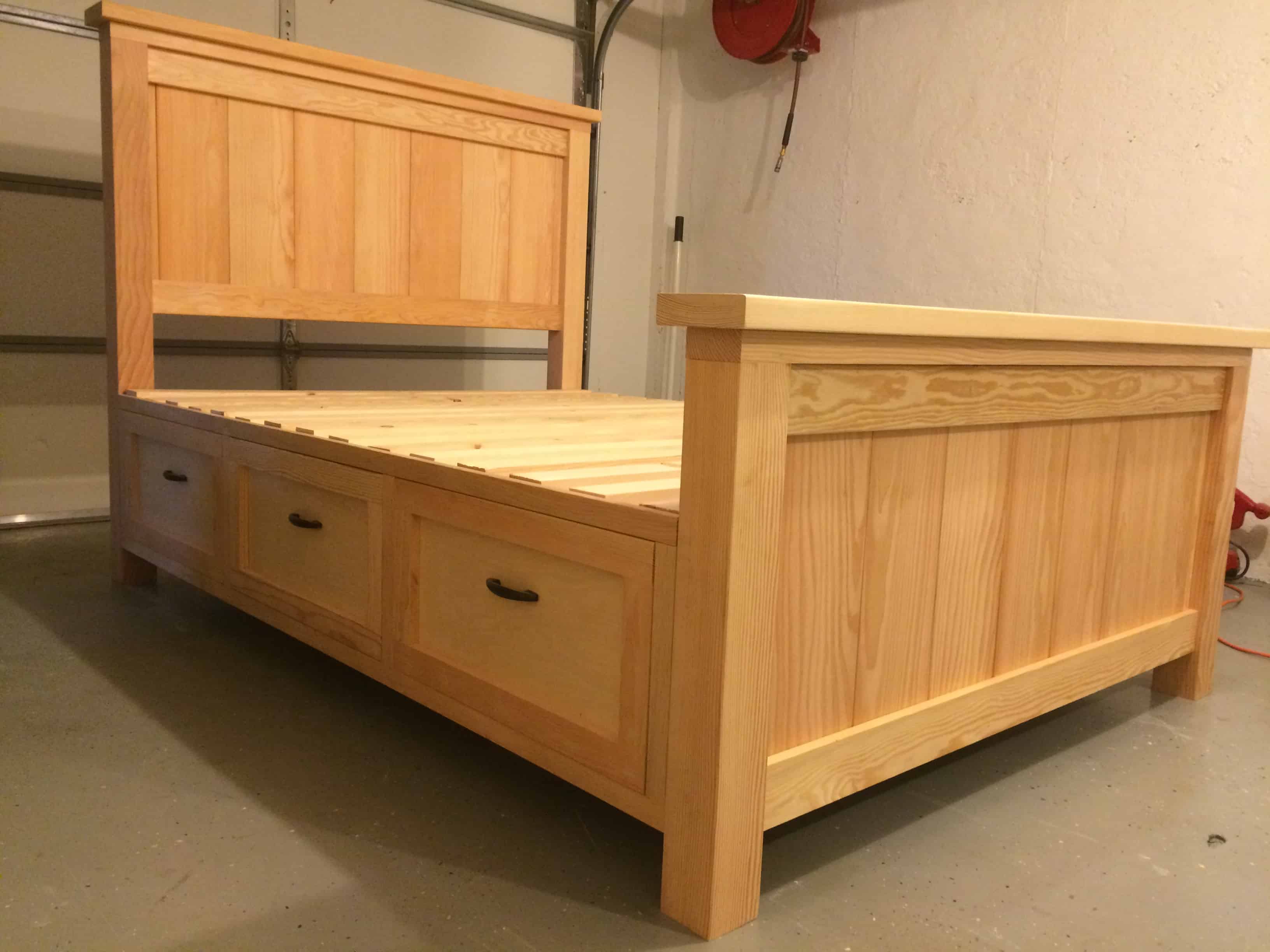 Custom made farmhouse storage bed with drawers