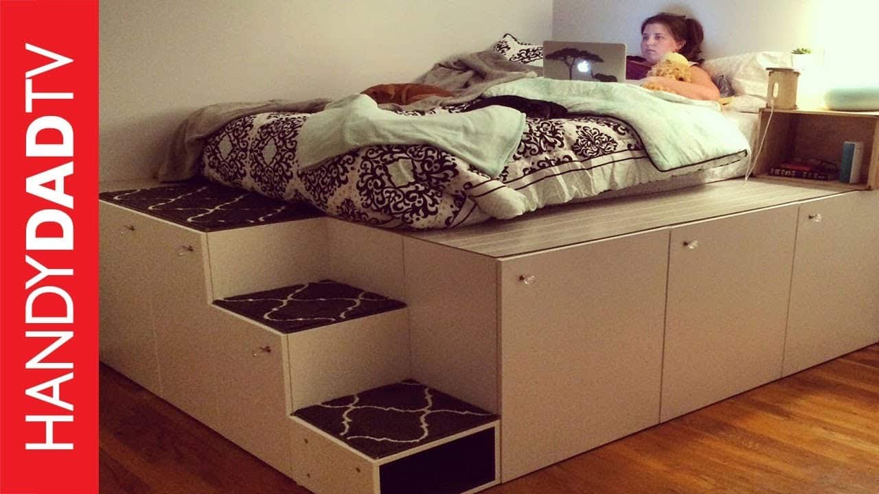 Ikea hack platform bed with steps and cupboards