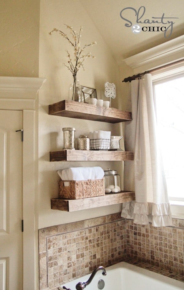 Rustic wooden floating wall shelves