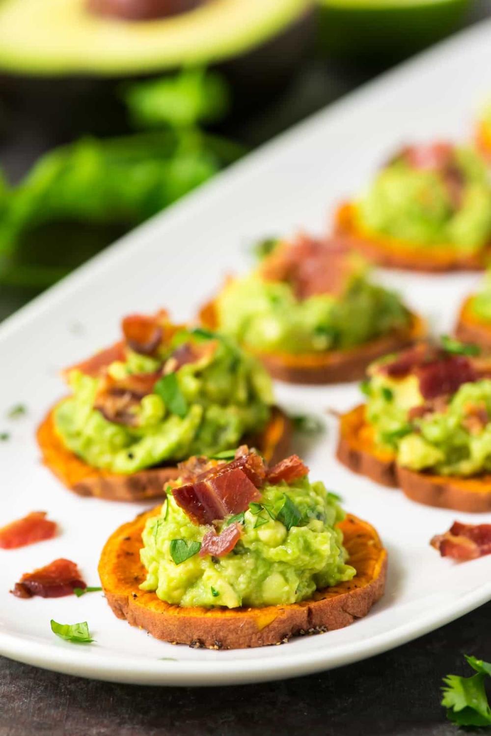 Sweet potato bites with avocado and bacon thanksgiving side dishes