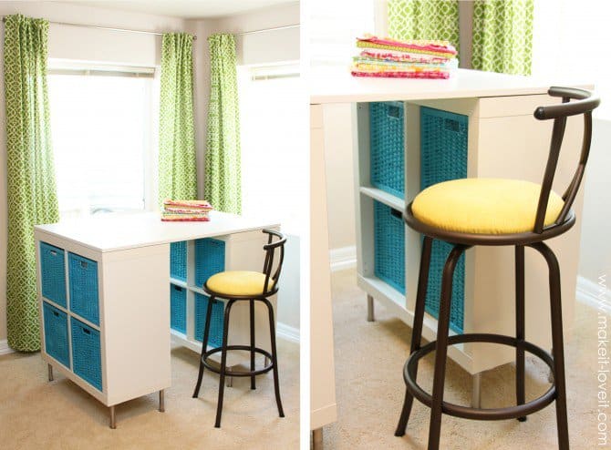 Tall counter height crafting table with basket storage