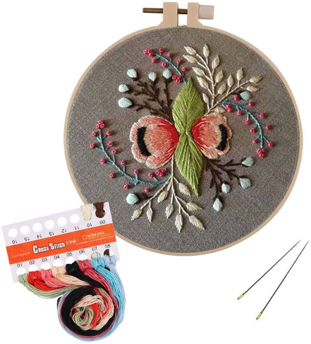 Tools and Stamped Cloth Embroidery Kits with Colorful Flower and Plant Designs; Embroidery Starter Sets with Patterns Threads Perfect Embroidery Beginner Kit with Hoop 