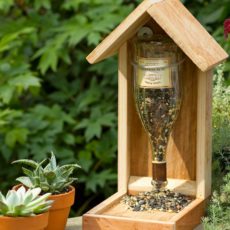 Wood and wine bottle bird feeder