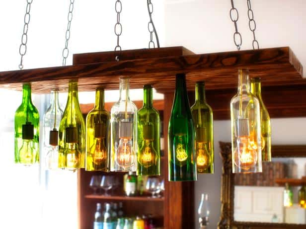 Wood and wine bottle kitchen chandelier