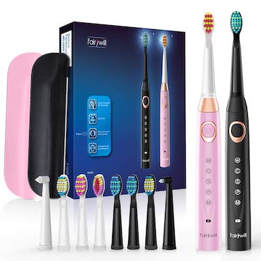 Fairywill dual electric travel toothbrush set in pink and black