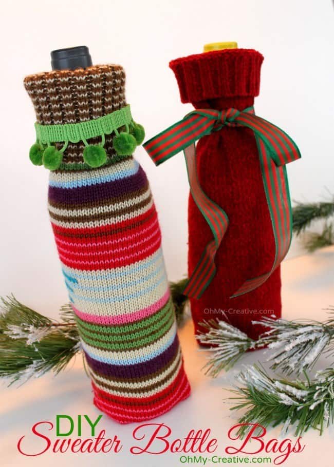 Recycled sweater wine bottle gift bag