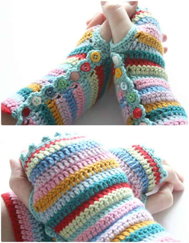 Stripy mitts with button sides