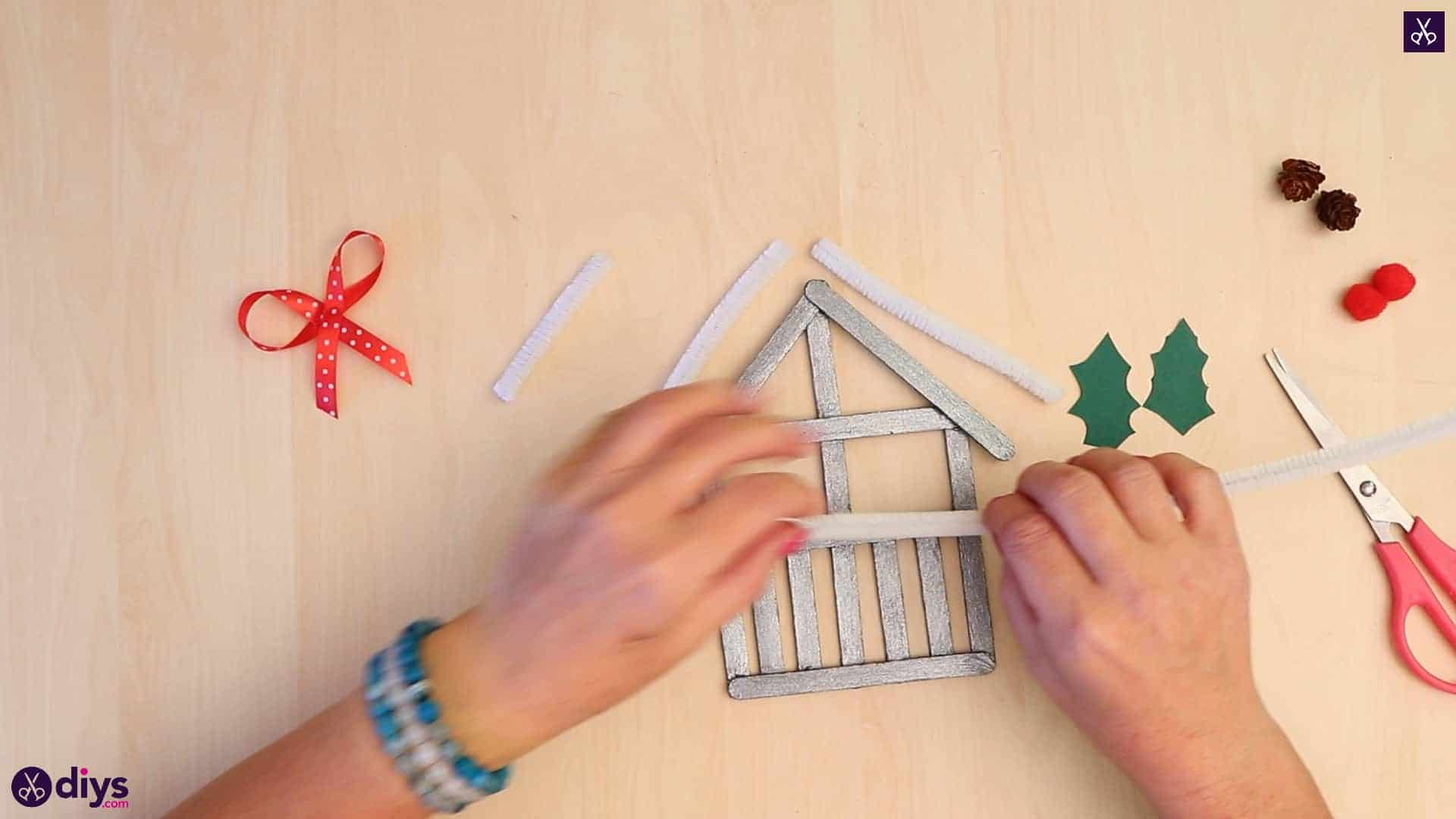 Popsicle stick house ornament bow attach