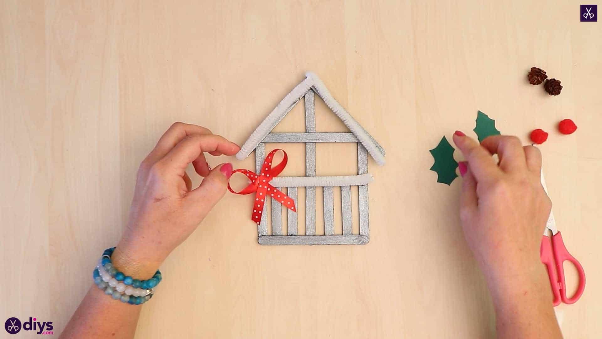 Popsicle stick house ornament glue add accessories