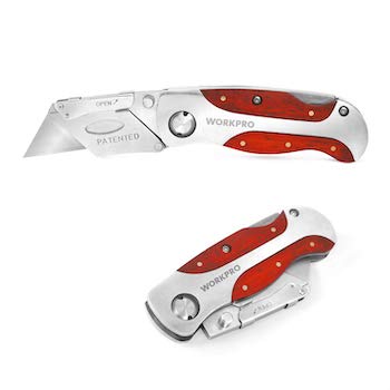 Workpro quick change utility knife, wood grain handle lock back work folding knife with clip