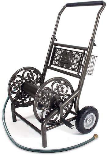 Never flat two wheel decorative garden hose reel cart