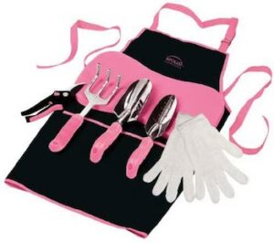 Pink 7 piece basic gardening kit and apron