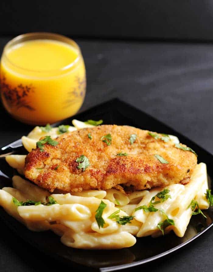 Crispy lemon chicken with mac and cheese