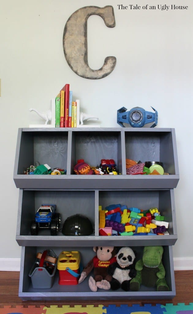 Angled toy cubby shelf