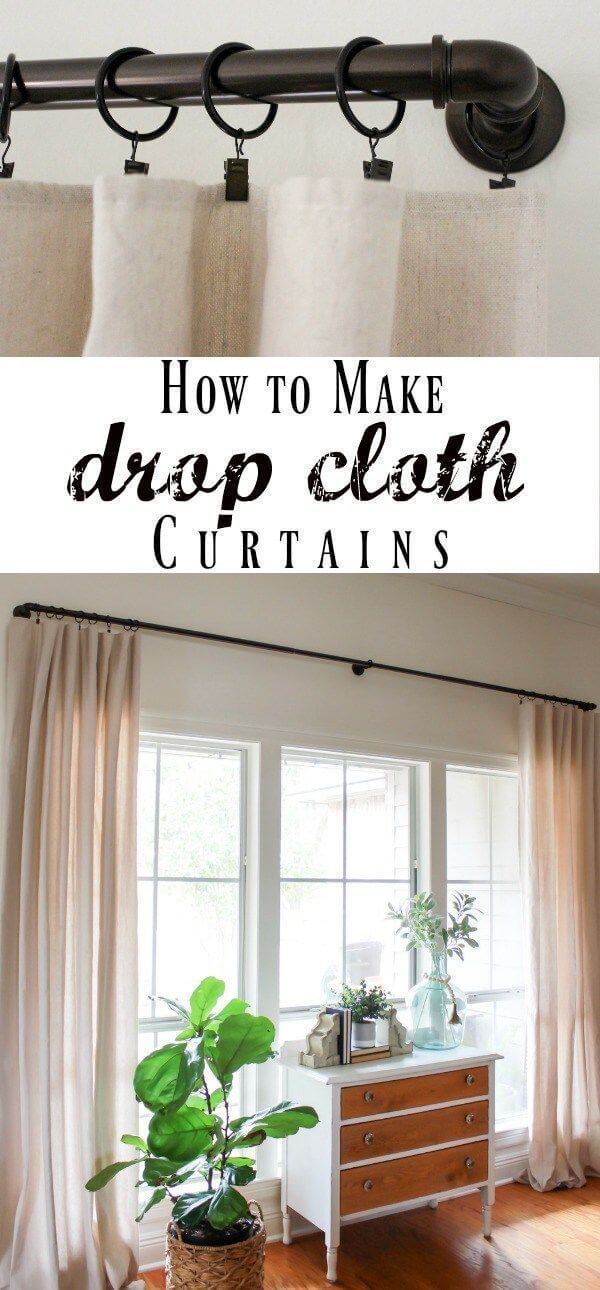 Drop cloth and painted pipe farmhouse curtains