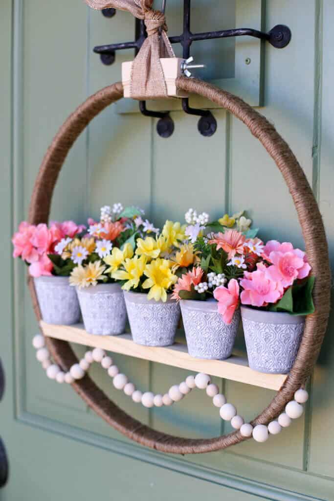 Hanging wood and jute twine potted planter door wreath