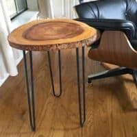 Mid century style wood slice and hairpin leg side table