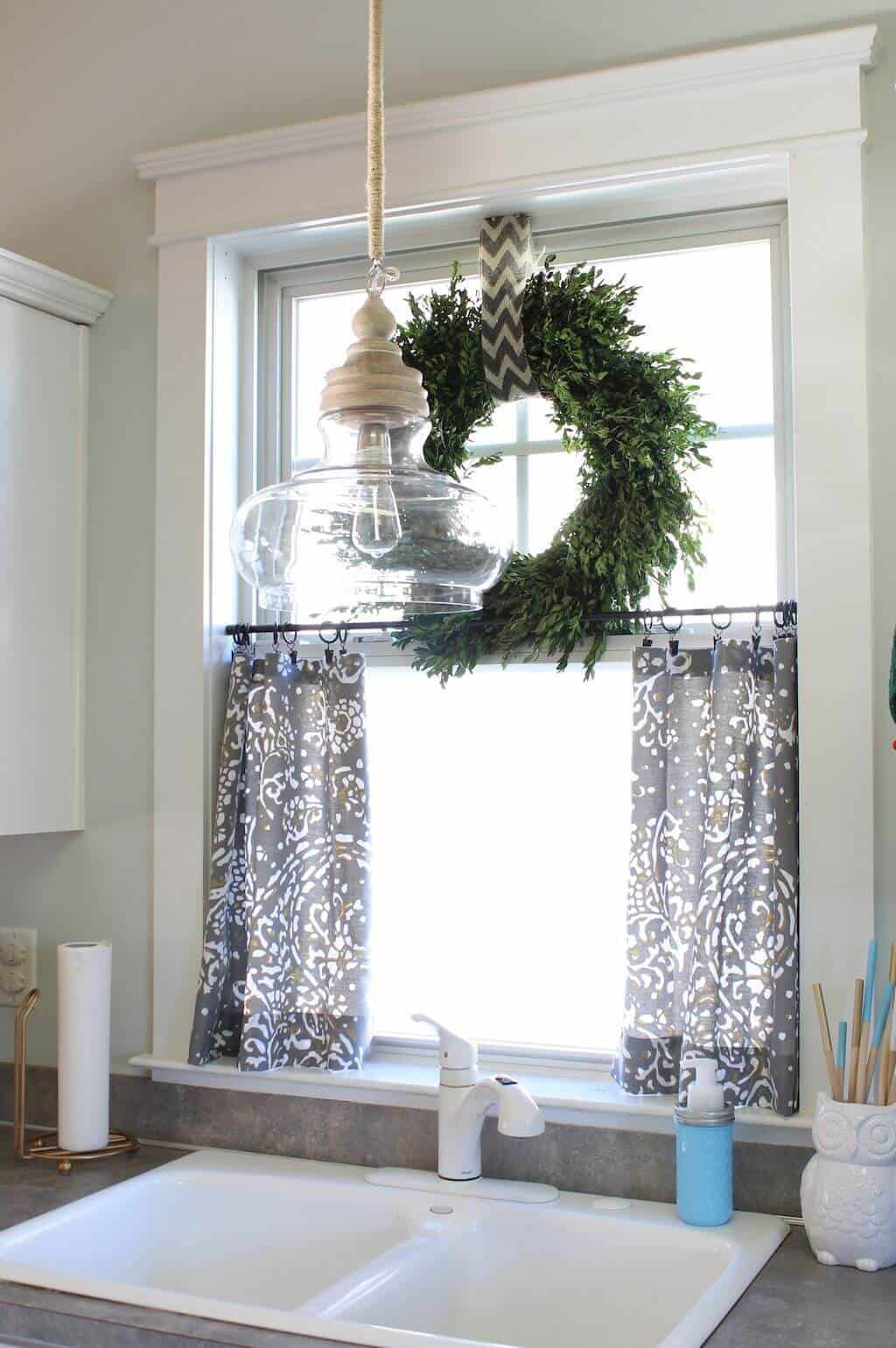 Natural greenery window wreath and half curtains