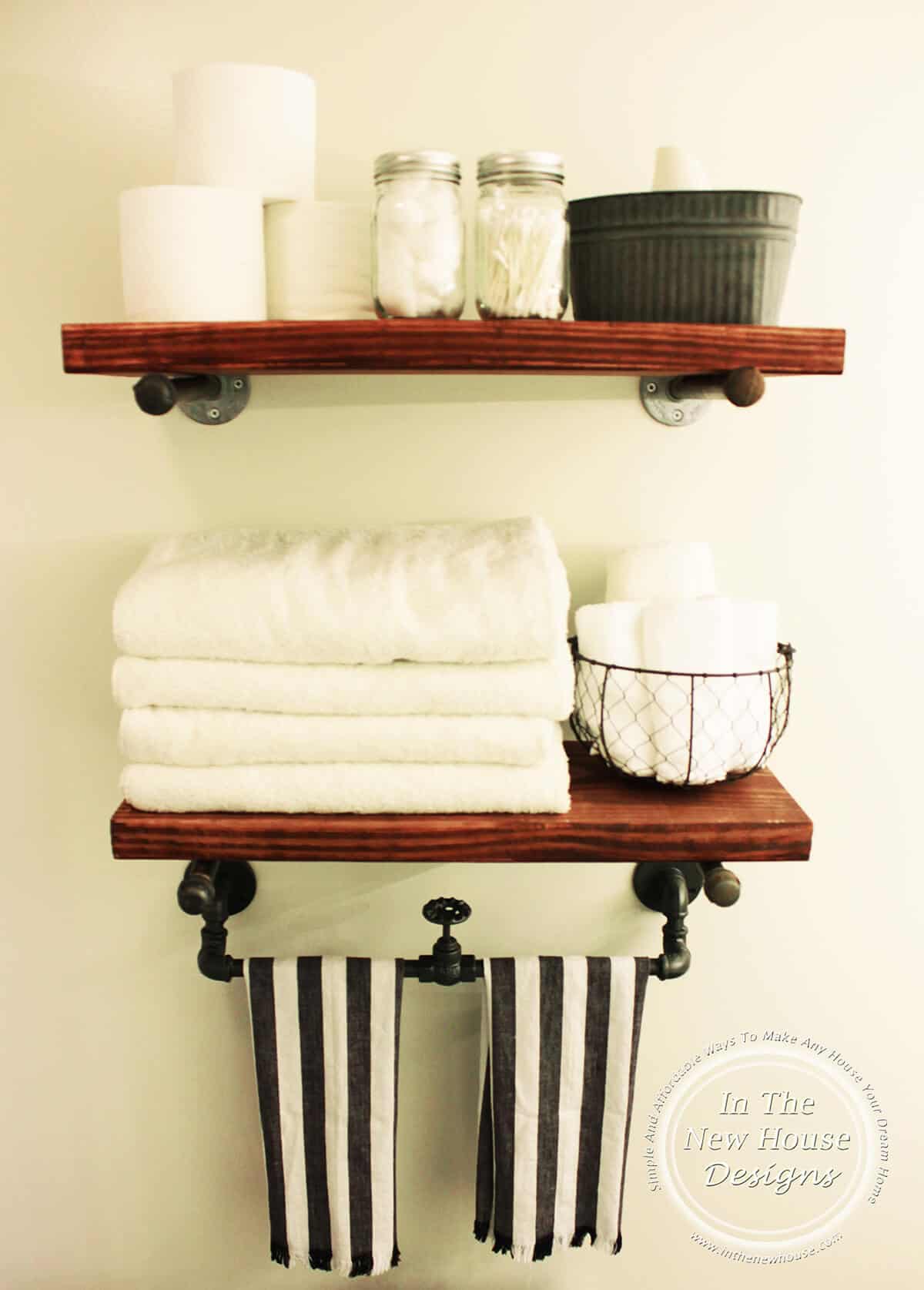 Stained wood and pipe rustic bathroom shelving