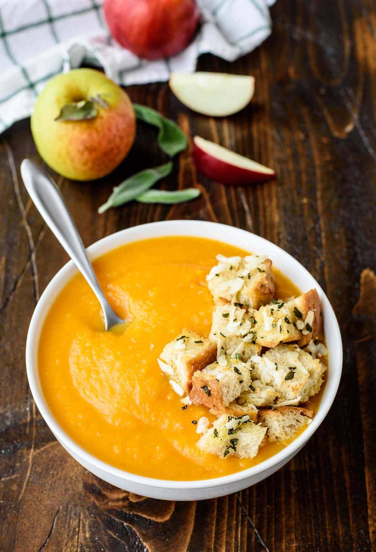 Butternut squash and apple soup with cheddar croutons