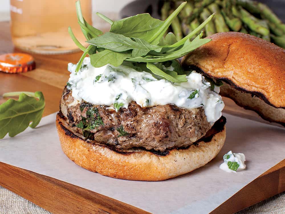 Homemade lamb burgers with mint spread