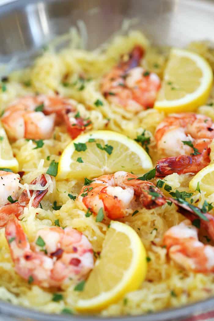 Lemon and herb spaghetti squash with roasted shrimp