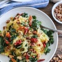 Roasted garlic and kale spaghetti squash with sundried tomatoes