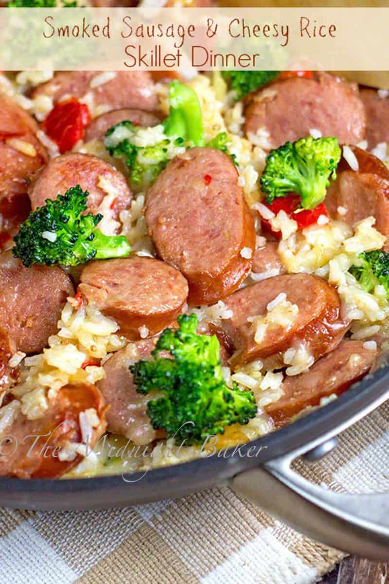 Smoked sausage and cheesy rice skillet dinner